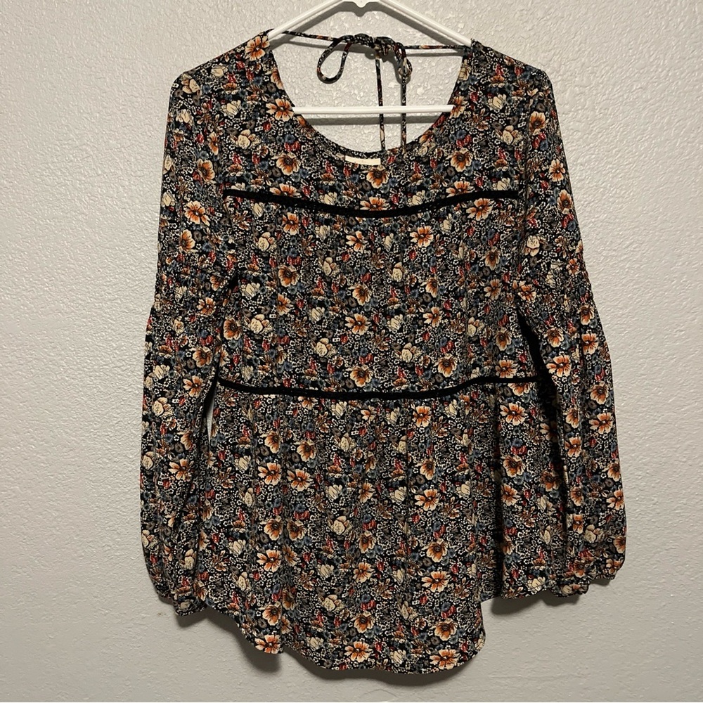 Knox Rose Popover Blouse Top Women S Floral Peasant Tie Back Tassel Boho Black
